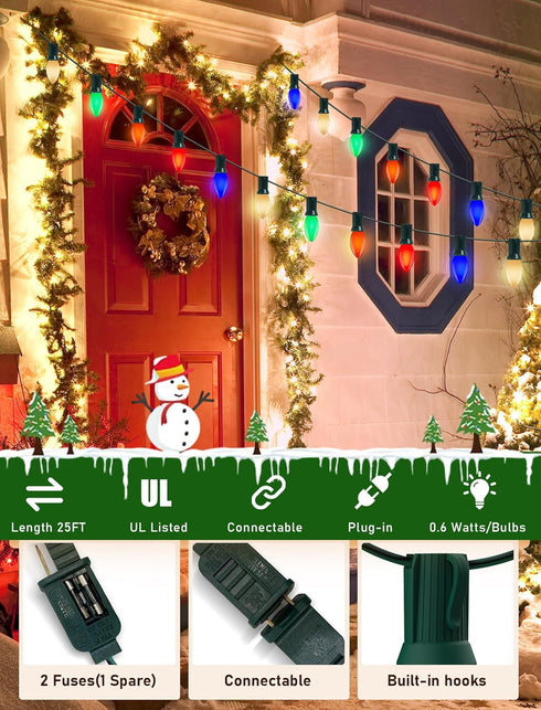C9 25Ft 26 C9 Bulbs, LED Christmas Lights Outdoor Outdoor Christmas Decorations String Light Waterproof with LED