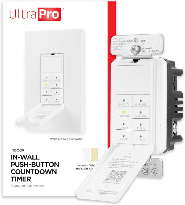 UltraPro Wall Push Timer, 8 Easy-to-Use Preset, Countdown Options, Manual ON/Off Buttons