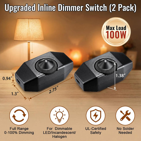 2 Pack Dimmer Dimmer Dimmable Bulbs Upgraded Inline Switch for Lamp Cord, Full Range Rotary Switch for Table Floor