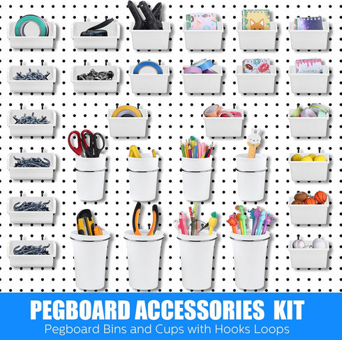 64 Pieces Pegboard Bins with Hooks and Loops, Pegboard Cups Assortment Organizer for Tools Storage Office Garage