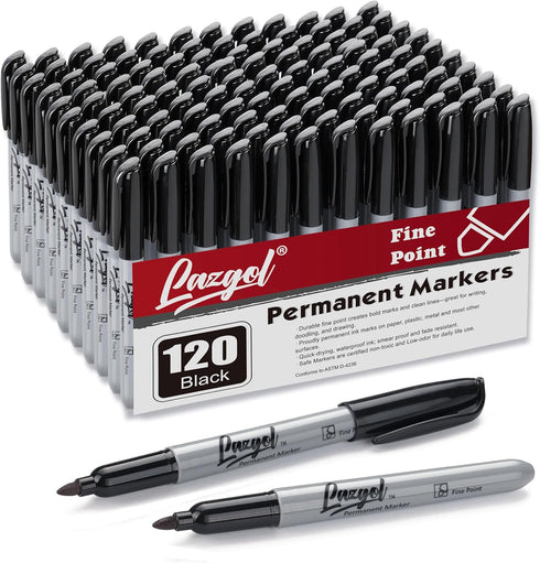 Permanent Markers Bulk, 120 Pack Black Fine Tip Waterproof Markers, Premium Smear Proof Pens for Office Supplies