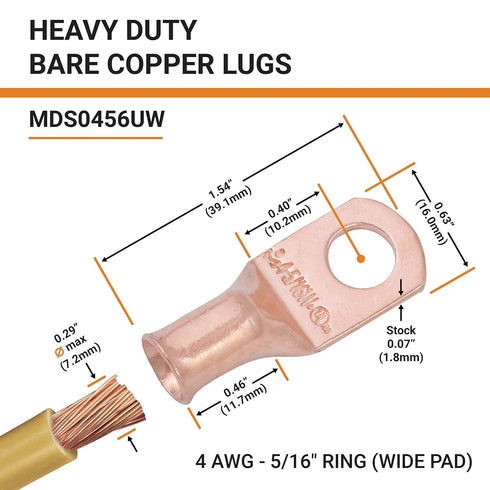SELTERM 10pcs 4 AWG - 5/16" Stud (Wide Pad) - Battery Lugs, Heavy Duty Wire Lugs, Ring Terminals, Battery Cable Ends,4 Guage Terminals, UL Bare Copper Eyelets Electrical Battery Terminal Connectors