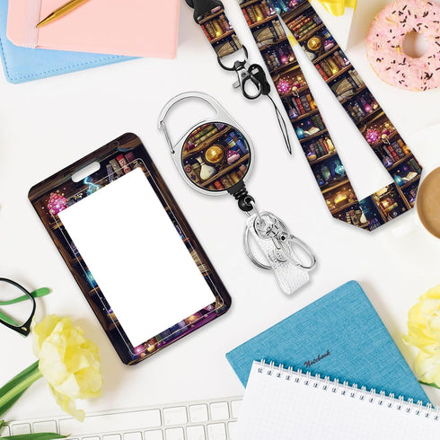Book Lover Gifts for Women, Reading Lanyards for ID Badge, Bookshelf ID Badge Holder with Retractable Reel Clip