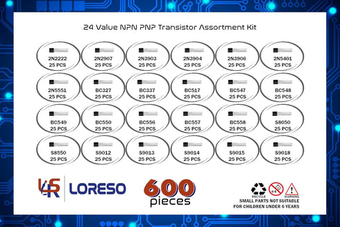 Loreso Transistor Variety Pack, 600 pcs Assortment Kit Box with 24 Value NPN PNP Transistors for Electronics Projects