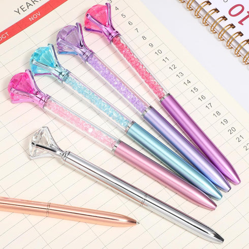 NUOBESTY 6pcs Diamond Pen with Big Crystal, Retractable Bling Metal Ballpoint Pens, Black Ink for Office