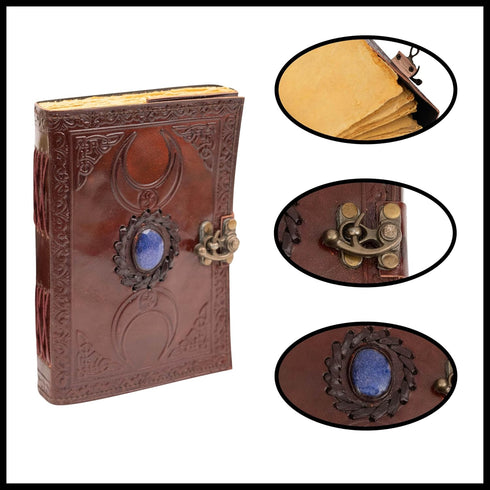 Moon Blue Lapiz Gemstone Studded Writing Handmade Leather Notebook, Unlined Antique Deckle Edge Vintage Paper, Great