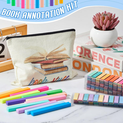 Book Annotation Kit with 8000 Pcs Transparent Sticky Tabs, 36 Aesthetic Highlighters, Canvas Bag for Office Supplies