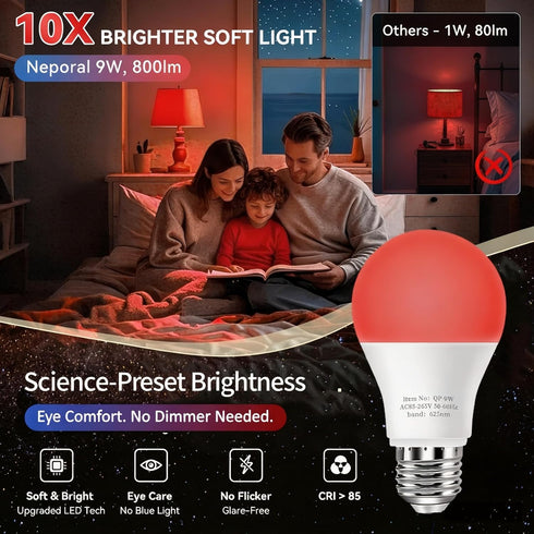 625nm Bulb 100% Bulb A19 9W 60W Bulb 2PK Neporal Red Light for Sleep, Blue Light Blocking for Melatonin Promote, LED