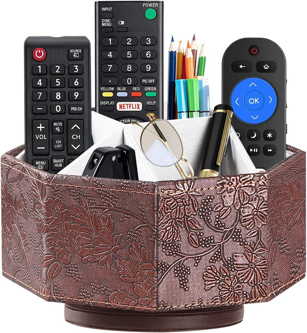 Remote Control Holder - Swivel Desk Organizer for Living Room, Leather Bedside Storage Caddy for Controllers