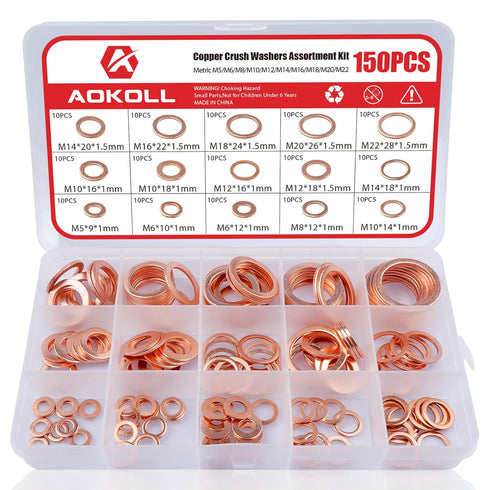 150Pcs Copper Sealing Washers M22 M20 M18 M16 M14 M12 M10 M8 M6 M5 Assortment Kit