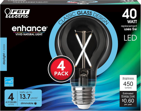 Feit Electric LED Clear A19 Medium Base Light Bulb - 40W Equivalent - 15 Year Life - 450 Lumen - 5000K Daylight - Dimmable | 4-Pack by Feit Electric