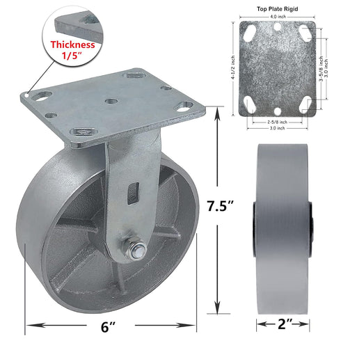 Heavy Duty Caster Steel Cast Iron Wheel, Rigid Caster 1250 LB Capacity, 6 Inch