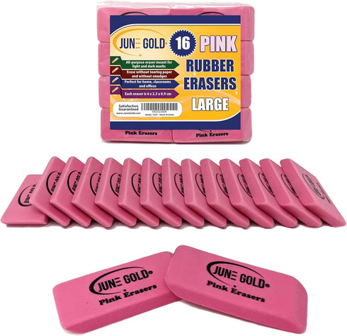 June Gold 16 Pink Rubber Erasers, All-Purpose, Perfect for Classrooms, Homes & Offices