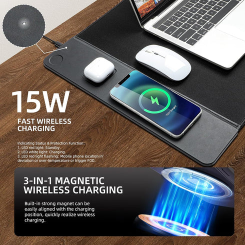 VOVIPO 3 1 90 40cm,Desk in Wireless Charging Mouse Pad, Gaming Mousepad with Wireless Charger Multiple Devices