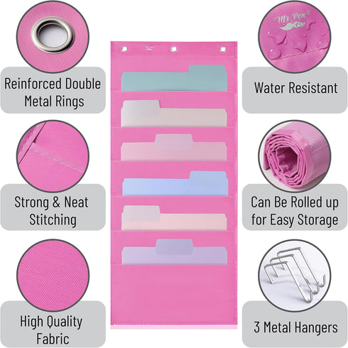 Mr. Pen Hanging Wall File Organizer, 6 Pocket Pink with 3 Overdoor Hangers Included