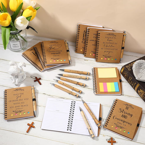 Spakon 20 Set Christian Church Gifts, Bulk Bible Verse Bamboo Pens and Mini Spiral Religious Notebooks for Teachers