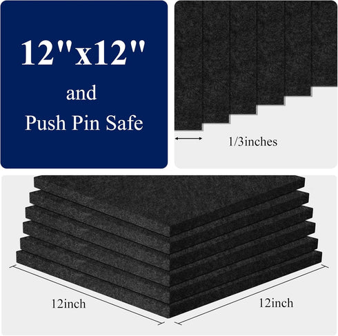 Felt Corkboards for Wall 6 Pack 12 x 12-1/3" Black Self-Adhesive Cork Board Tiles Square Bulletin Board with 100 Push Pins Frameless Cork Tiles for Walls Home Office by NACHLYNN