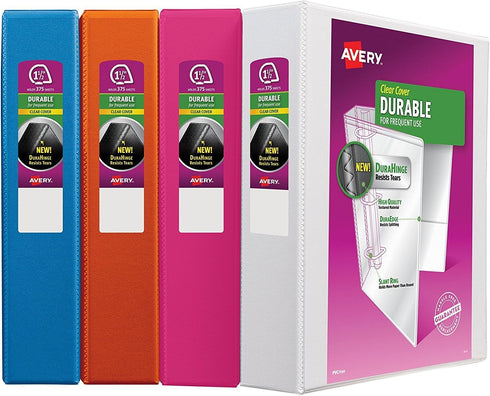 Avery Durable View Binder, 1-1/2" Slant Rings, Assorted Colors, 4 Pack