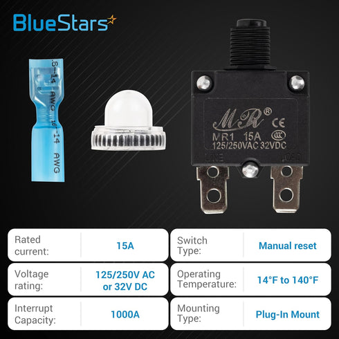 BlueStars 5 Packs 15Amp Thermal Circuit Breaker 125/250V AC 32V DC - Overload Protector with Push Button Manual Reset