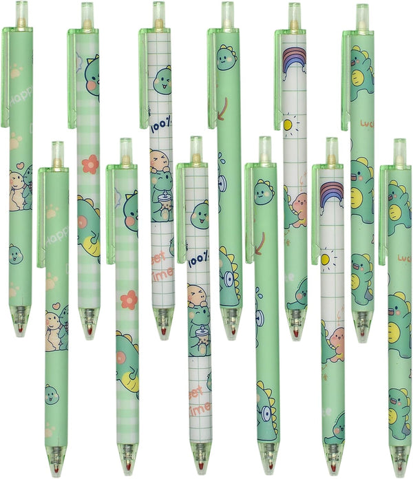 YYaaloa 12pcs Cute Dinosaur Pens, Black Gel Ink, Retractable 0.5mm Gel Pens
