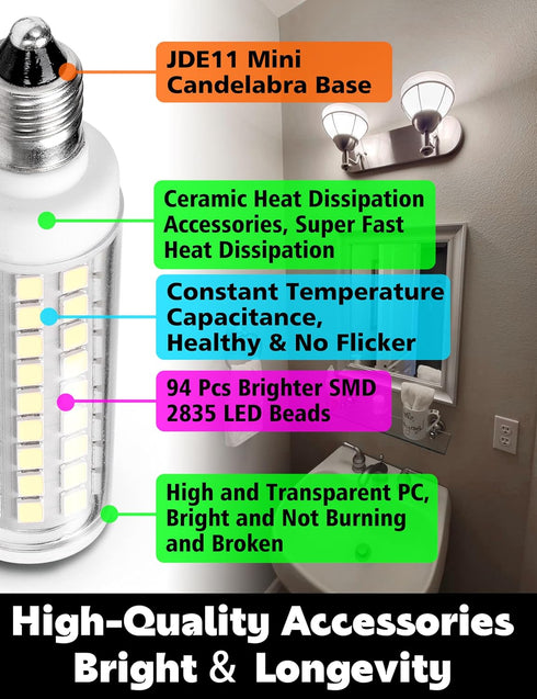 JD E11 LED Candelabra Bulbs, 75 Watt Equivalent, Dimmable, E11 7W, 750LM, Daylight White 6000K, Pack of 3