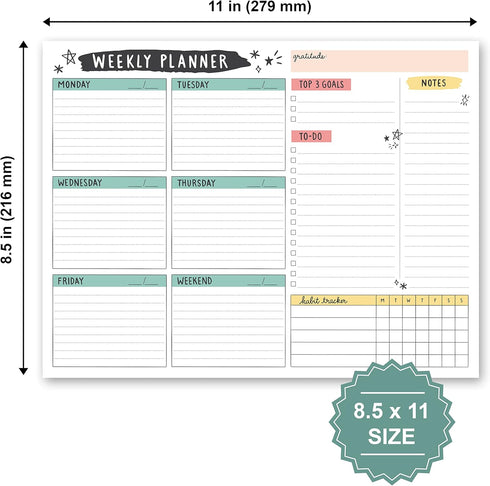 Weekly Planner Pad, 52 Letter Size Tear Off Sheets, 8.5” x 11” Undated Calendar Weekly Desk Planner Notepad