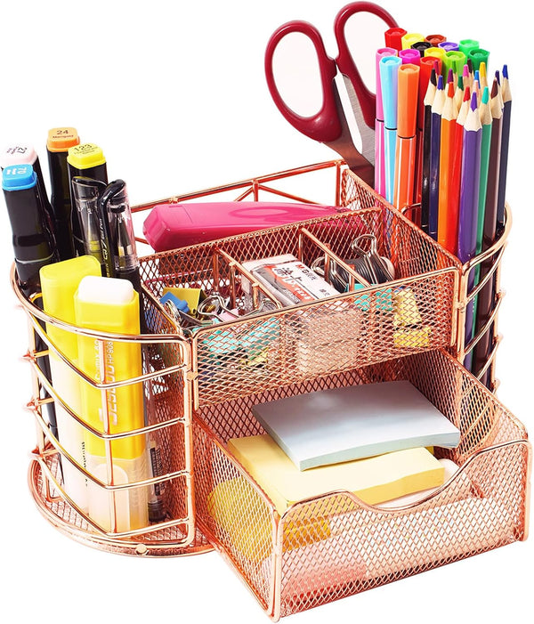 Metal Pencil Caddy Desk Organizer for Office Supplies (Rose Gold) - Pen Holder for Desktop