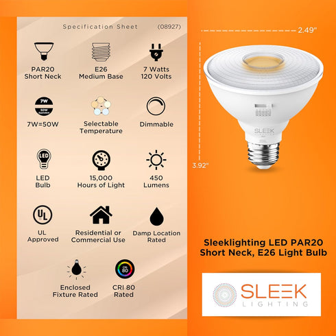 SLEEKLIGHTING LED Par20 7 Watt(50 Watt Equivalent) 5 CCT 500Lumens,Dimmable Wide Flood Light Bulb(40 ), Indoor/Outdoor, Recessed Lighting, Spot Light,E26 Medium Base, UL listed by SLEEKLIGHTING