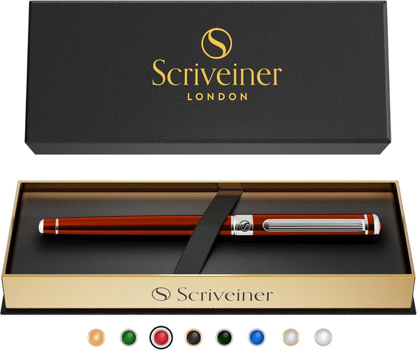 Scriveiner Deep Crimson Red Rollerball, Stunning Red Lacquer Luxury Pen with Chrome Finish, Gift Set