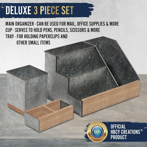HBCY Creations Rustic Galvanized Desk Organizer Set, 3 Piece Mail Organizer for Desktop