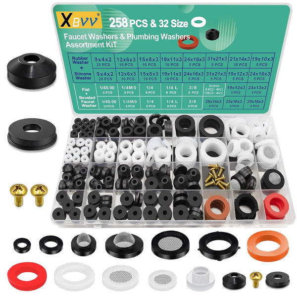32 Size 258 PC Faucet and Plumbing Rubber Washers Assortment Kit for Outdoor Faucet Repair