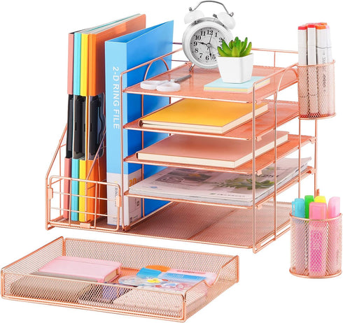 Marbrasse Rose Gold Desk Organizer with 5-Tier Paper Letter Tray, Drawer and 2 Pen Holder