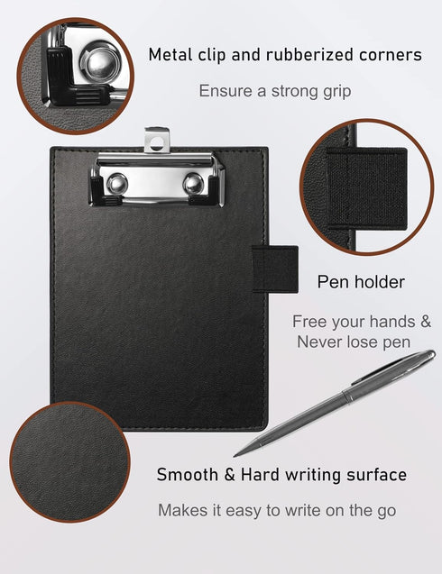 Mini Clipboards 4"x6" - Small Faux Leather Memo Pocket Clipboard with Pen Holder for Receipts & Notepads (Black)