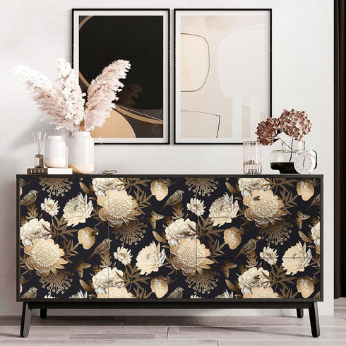17.5x354 Inch Decotalk Dark Floral Wallpaper Peel and Stick Black Floral Wallpaper Removable Gold and Black Flower Wall