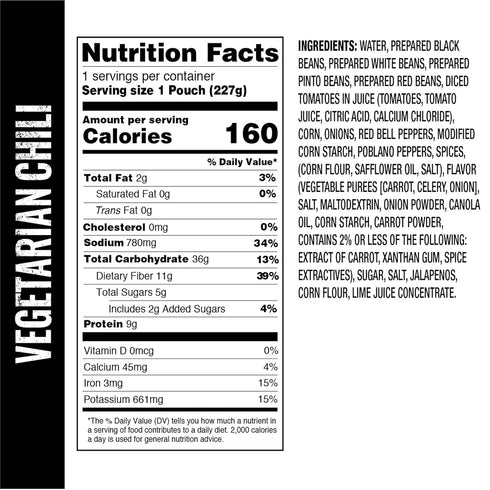 OMEALS Vegetarian Chili-MRE-Extended Shelf Life-Fully Cooked w/Heater-Perfect for Outdoor Enthusiasts, Travelers