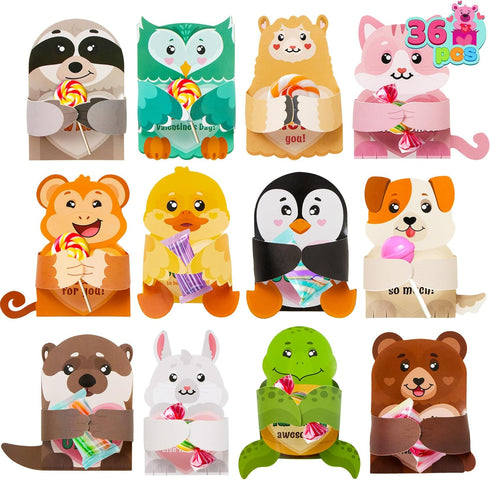 JOYIN 36 Pcs Valentines Day Gifts Cards | Animal Designs Greeting Cards Candy Holder for Kids | Classroom Exchange