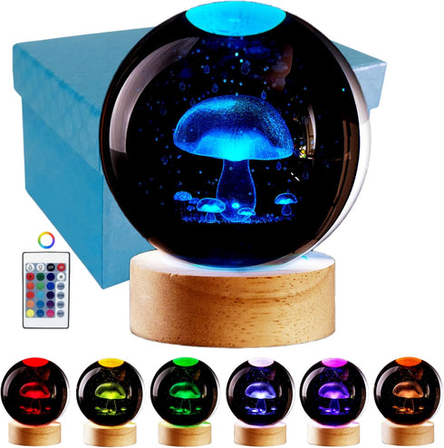 Conalisk 3D 16 Dimmable Mushroom Crystal Ball Lamp, Lifelike LED Mushroom Night Light, Colors Changing Light, Remote