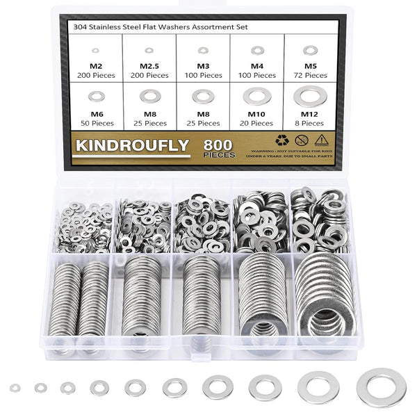 800 Pieces 304 Stainless Steel Flat Washers Assortment Kit, Fender Washers in 9 Sizes (M2-M12)