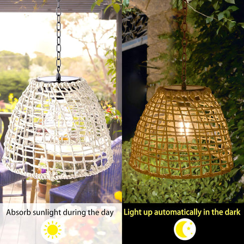 Bulb Outdoor Solar Hanging Lantern, Natural Seaweed Rattan Bamboo Hand-Woven Pendent Chandelier Light Edison Design