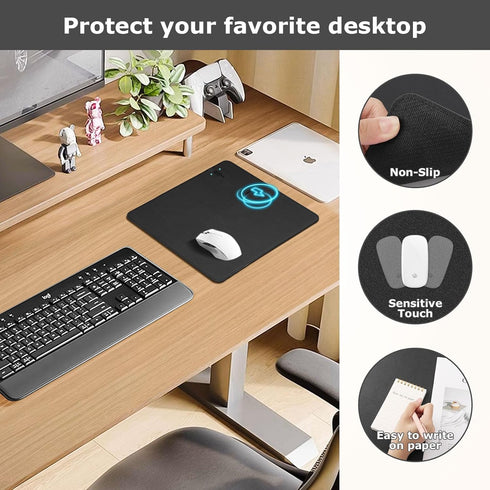 Firelison 2 1 12" 10"Black Wireless Charging Mouse Pad in Leather Multifunctional Office Desk Pad with Non-Slip Rubber