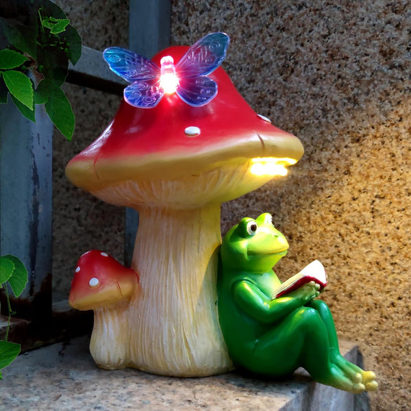 RCTTICUU Solar Frog Mushroom Garden Statues,Statuettes of Resin Frog Mushroom Reading a Book