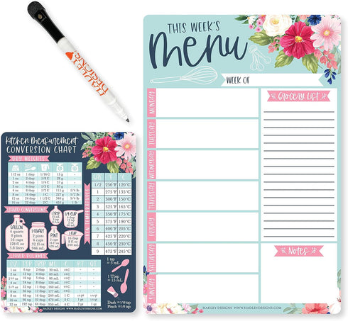 Hadley Designs Weekly Meal Planner Dry Erase Board, Floral Magnetic Menu Board for Kitchen Refrigerator