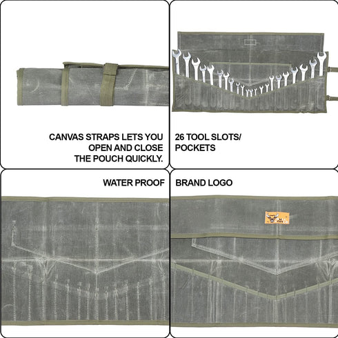 Wrench Pouch 26 Pocket Tool Organizer, 100% Cotton Waxed Canvas, SAE & Metric Roll Up Pouch