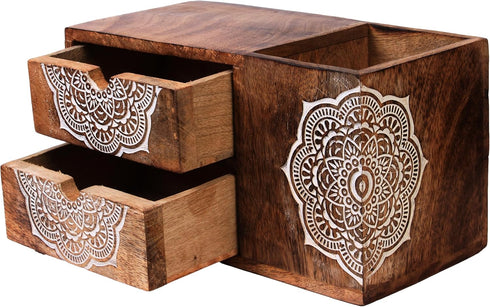 Wooden Hand Carved Desk Organizer, Pencil Pen Stationery Holder with 2 Drawers for Home Office