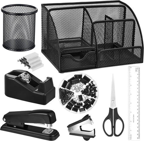 Black Desk Organizer and Accessories Kit, Mesh Desktop Organizer, Stapler, Tape Dispenser, Pen Holder, Ruler, Scissors