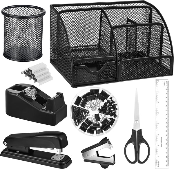 Black Desk Organizer and Accessories Kit, Mesh Desktop Organizer, Stapler, Tape Dispenser, Pen Holder, Ruler, Scissors
