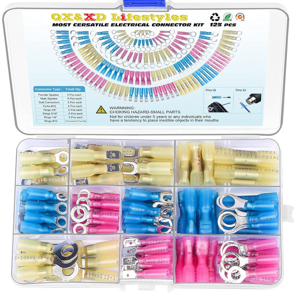 125PCS Heat Shrink Wire Connectors Kit, Waterproof Automotive Marine Electrical Terminals, 12-10, 16-14, 22-16