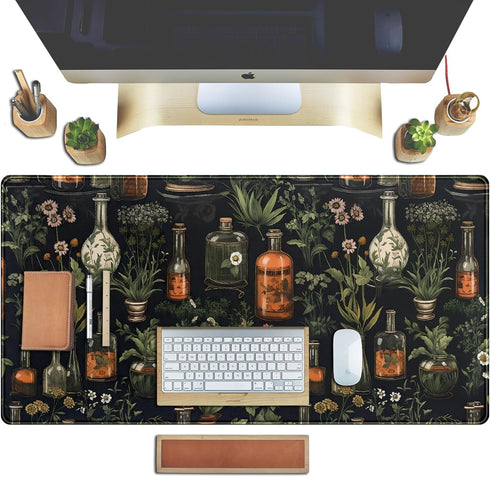 Black Aesthetics Desk Mat Mouse Pad, Large Gaming Mouse Pad, Mystical Green Plant Design, 31.5x11.8 in