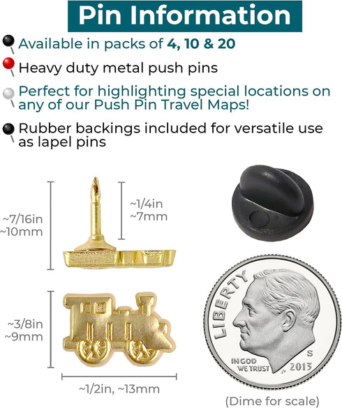 Set 4 Train Push Pins - Gold Metal Train Pins - for Cork Board, Maps, or Lapel Pin Use - Designed in USA