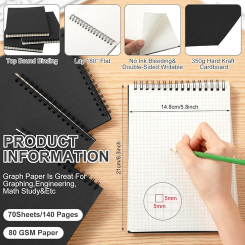 Graph Paper Spiral Notepad A5 Top Wirebound Notepad Grid Notebook Steno Pads Memo Notepads Grid Paper 140 Pages for Writing Sketching Drawing School Office Supplies(Black, 2 Pack) by Engrowtic